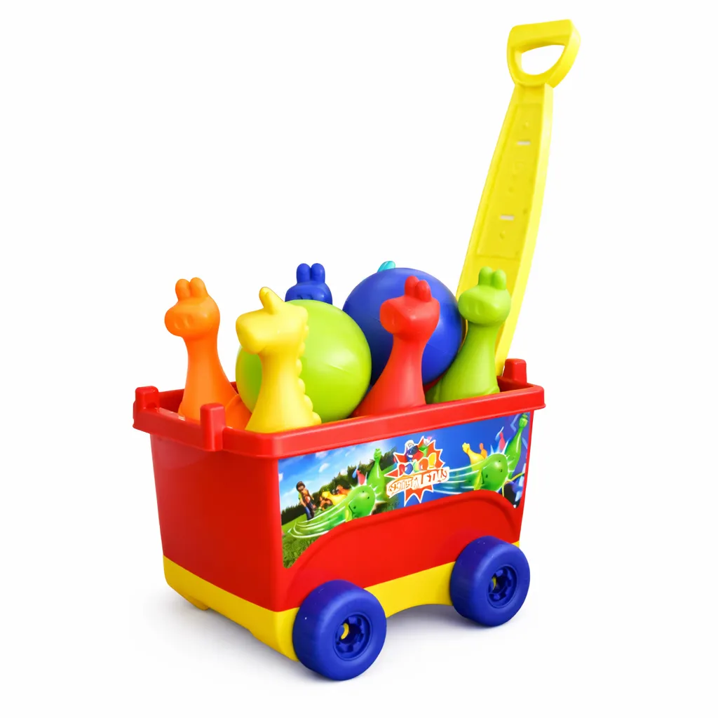 [PF3505-1] BOLOS SOBRE RUEDAS NIÑO, BOY TOYS, INCLUYE 6 PINOS CON FORMA DE DINOSAURIO Y DOS BOLOS EN UN VAGÓN CON RUEDAS, VARIOS COLORES DISPONIBLES.